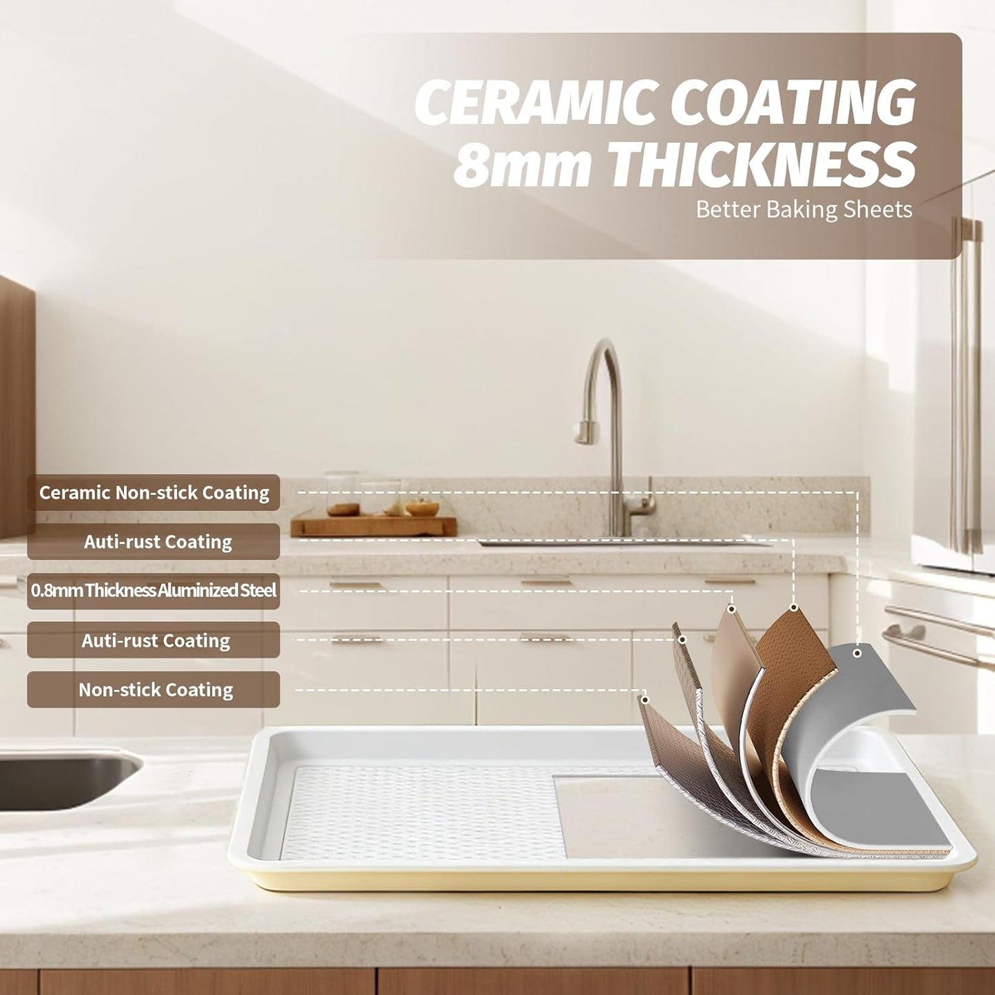 Skiennix Nonstick Ceramic Baking Sheet Set - 2-Pack Half Sheet Pan, Oven Safe 550°F, Dishwasher Safe, Gray Yellow