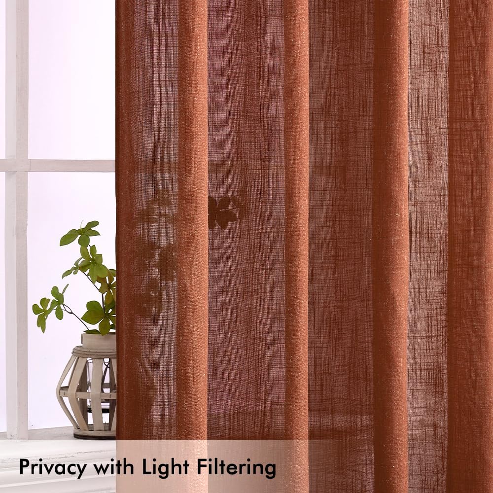 MIULEE Linen Curtains - 96-Inch Light Filtering Semi-Sheer Drapes | Burnt Orange Rust, 2 Panels for Living Room