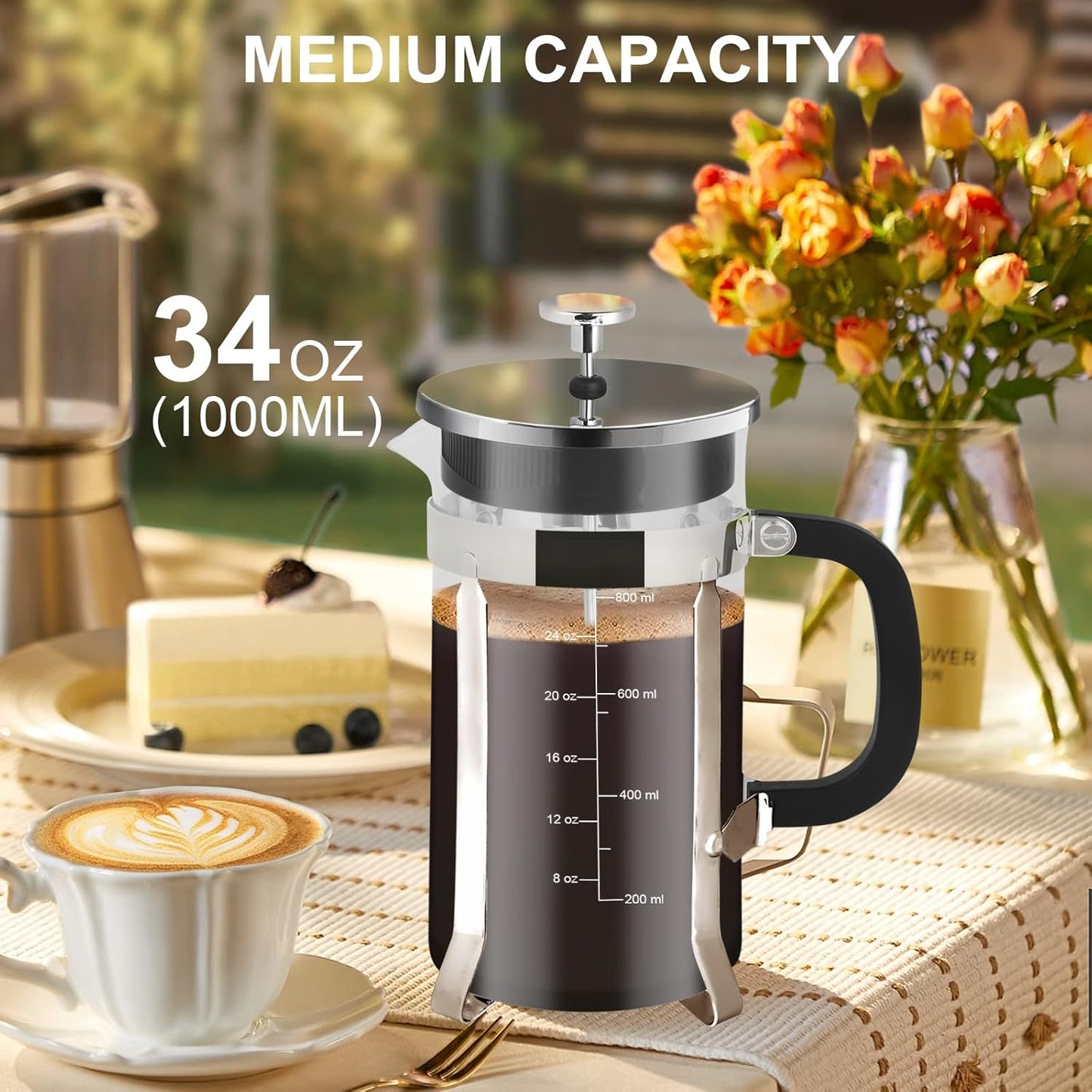 Skiennix French Press Coffee Maker - 34oz Stainless Steel with 2 Filters | Heat Resistant & Easy to Clean