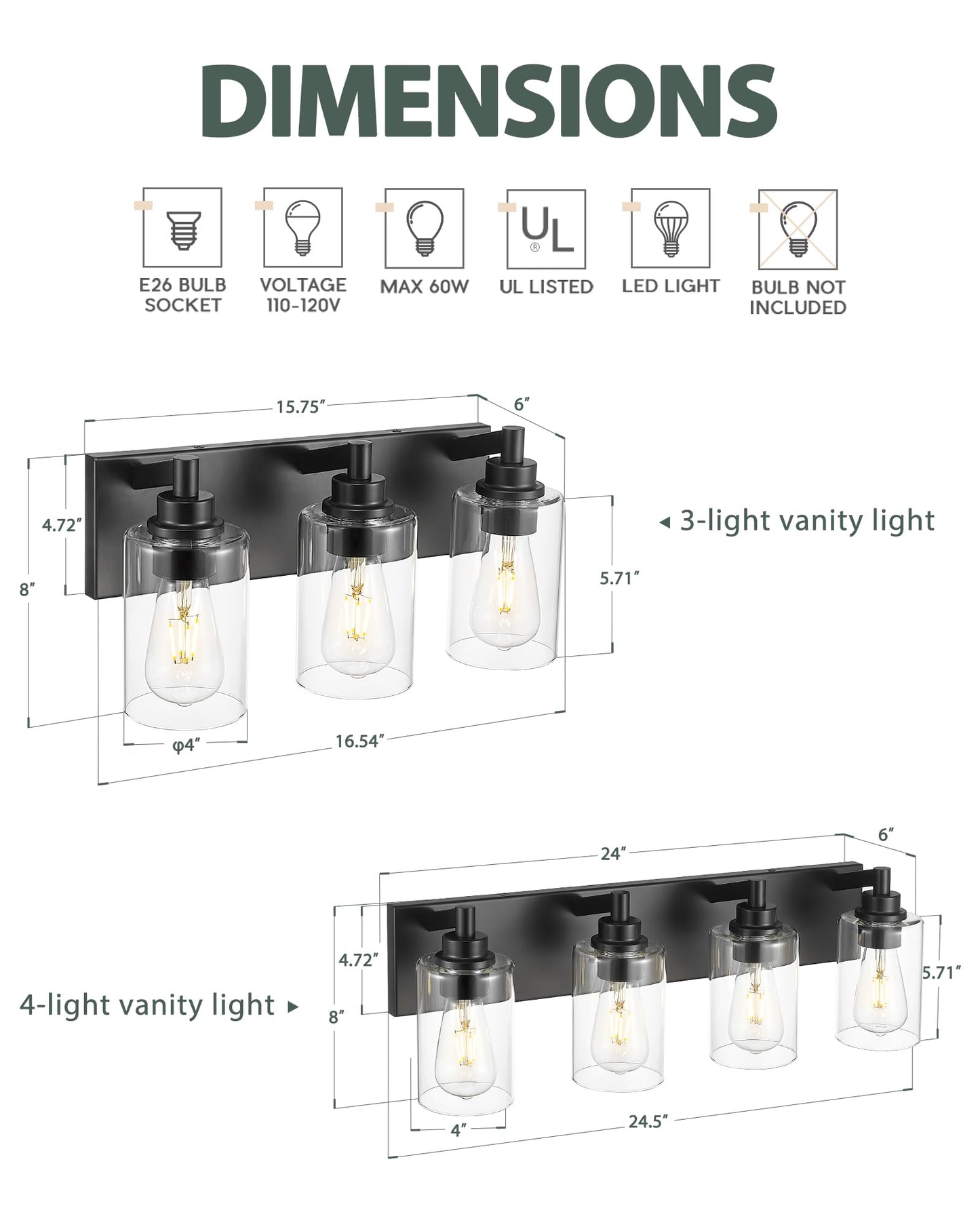 METWET 4-Light Bathroom Light Fixtures, Black Vanity Light with Cylinder Clear Glass Shade, Modern Vanity Lighting Fixtures Over Mirror, VL143-MB-4