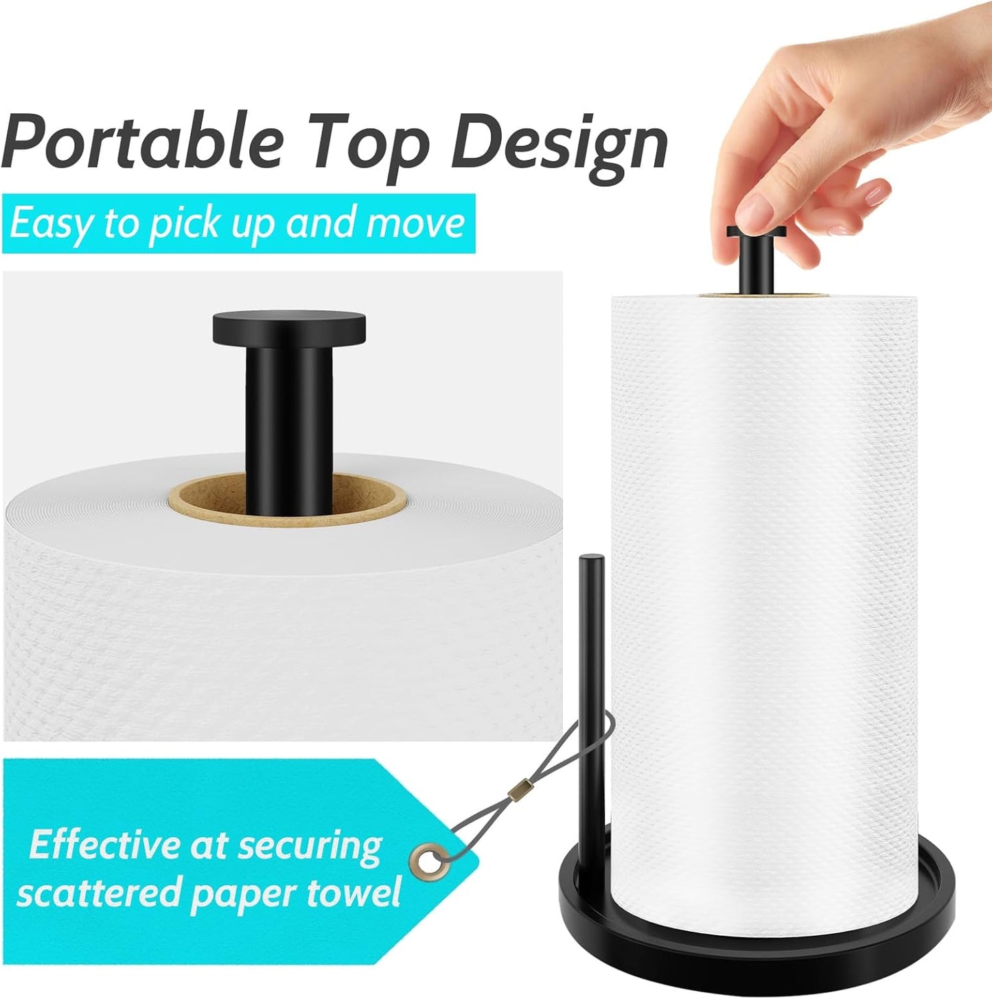 Stainless Steel Paper Towel Holder - Freestanding Design with Anti-Slip Weighted Base | Black