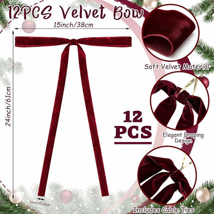 6Pcs Long Burgundy Velvet Christmas Bows Ornaments - 15 x 24 in, Pre-Stringed