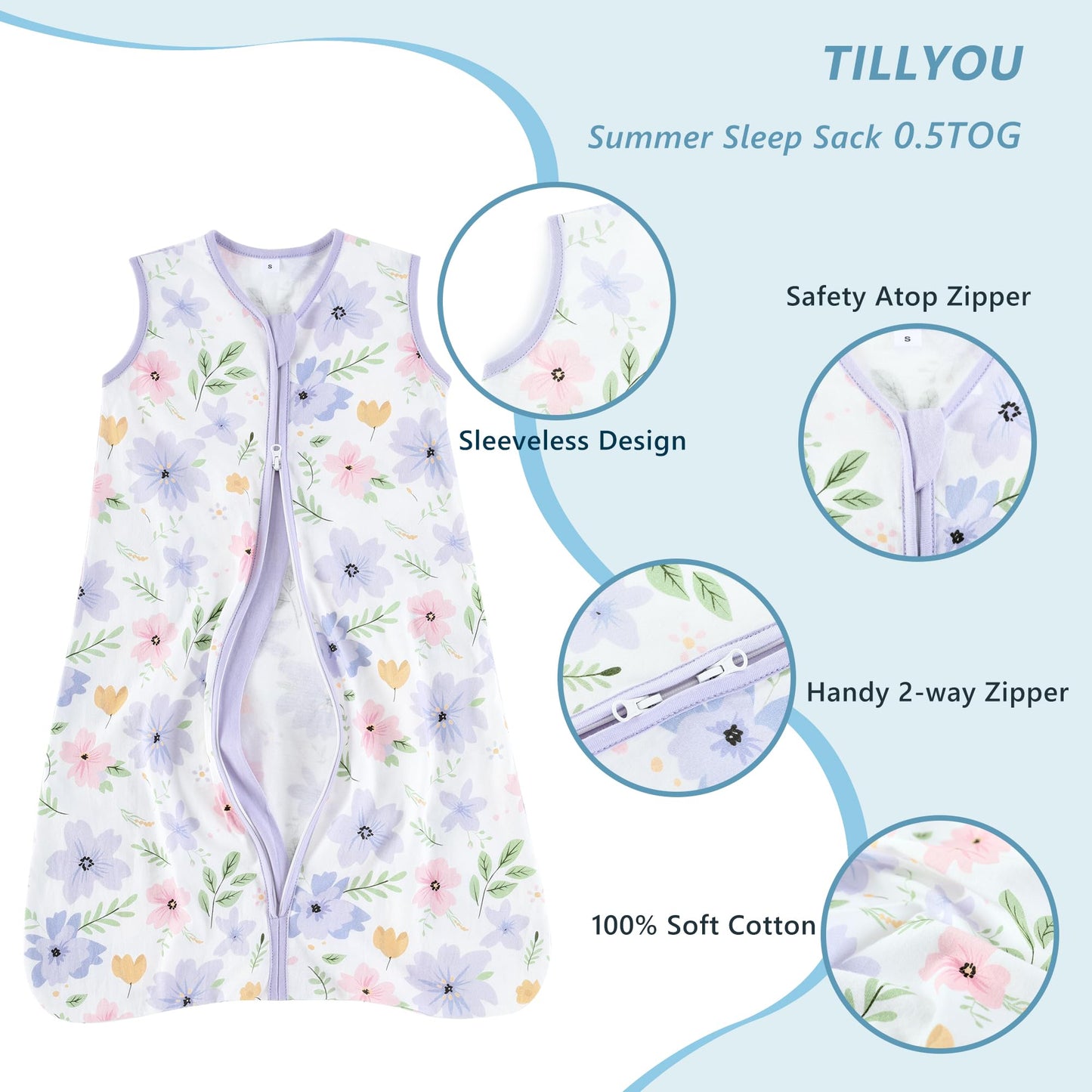 TILLYOU 2 Pack Baby Sleep Sack 6-12 Months 100% Cotton Wearable Blanket 0.5 TOG Sleeveless Summer Sleep Sacks with 2-Way Zipper, Brilliant Little Flowers and Purple