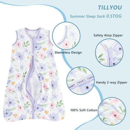 TILLYOU 2 Pack Baby Sleep Sack 6-12 Months 100% Cotton Wearable Blanket 0.5 TOG Sleeveless Summer Sleep Sacks with 2-Way Zipper, Brilliant Little Flowers and Purple