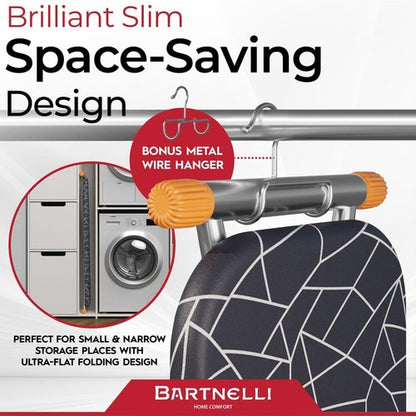 Bartnelli Compact Ironing Board, 13x43 Space-Saving Steel Foldable Iron Board, 4 Layer Cotton Cover, Adjustable Height, Bonus Hanger and Silicone Iron Pad