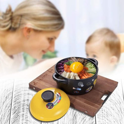 AHUONEL Ceramic Stockpot Clay Cooking Pot Cookware Stovetop, Cartoon Pattern Stew Pot Hot Pot Clay Pots Soup Pot Casserole Cooking Pot 2.6 Quart Yellow Cat