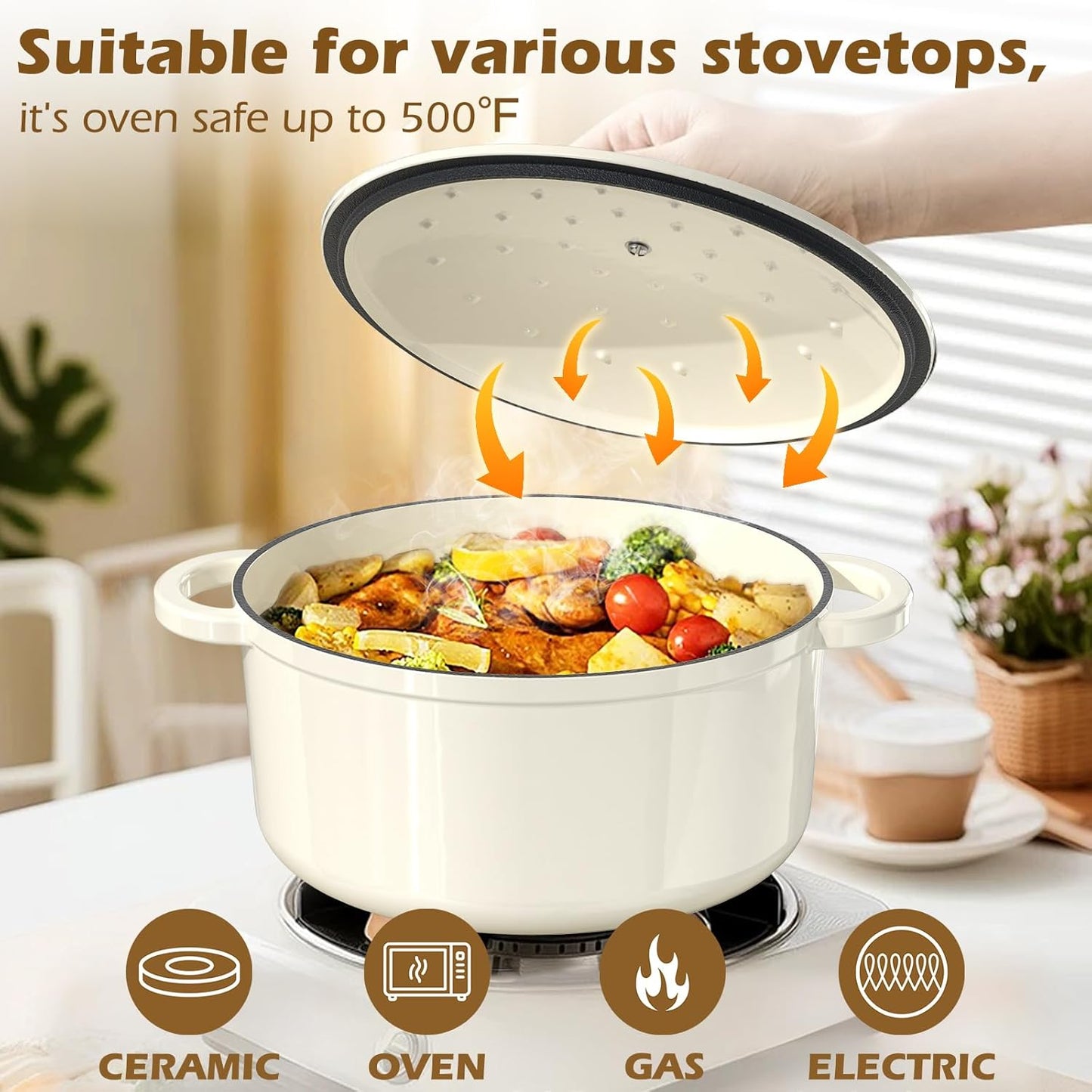 Umite Chef Enameled Cast Iron Dutch Oven - 5QT Heavy-Duty Pot with Lid & Potholders | Cream White for Baking & Stews