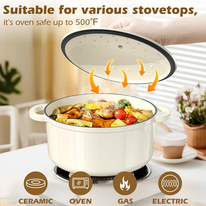 Umite Chef Enameled Cast Iron Dutch Oven - 5QT Heavy-Duty Pot with Lid & Potholders | Cream White for Baking & Stews