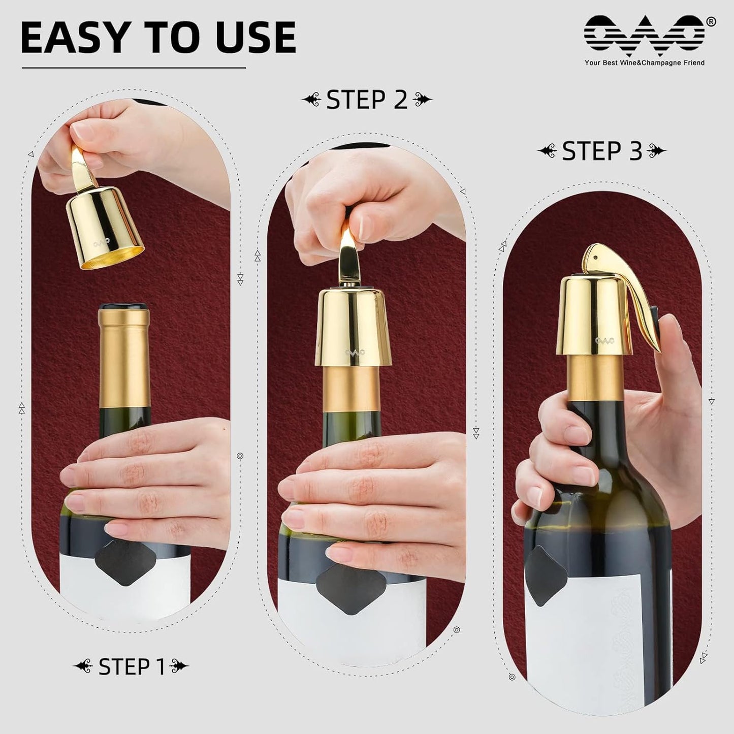 OWO Stainless Steel Wine Bottle Stopper, Reusable Wine Saver with Silicone Seal, Decorative Bottle Sealer, Keeps Fresh (Gold, 2 Pack)