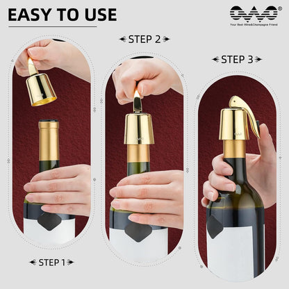 OWO Stainless Steel Wine Bottle Stopper, Reusable Wine Saver with Silicone Seal, Decorative Bottle Sealer, Keeps Fresh (Gold, 2 Pack)