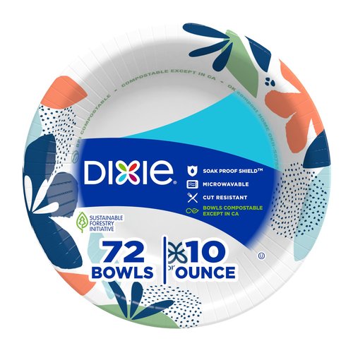 Dixie Small Paper Bowls, 10 Oz, 72 Count, Microwave-Safe, Soak-Proof, Disposable Bowls Great For Snacks, Dessert, And Light Lunch Meals