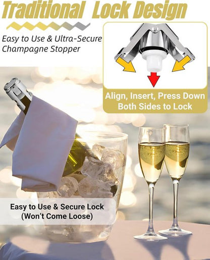 4Pack Champagne Stoppers with Stainless Steel, Champagne Saver with Food Grade Silicone Leak Proof, Suitable for Champagne, Cava, Prosecco, Sparkling Wine