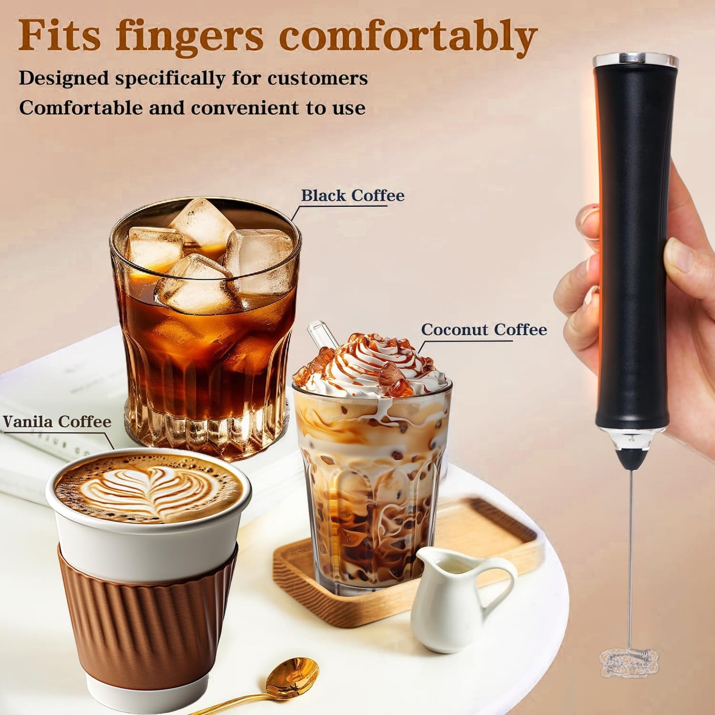Skiennix Rechargeable Milk Frother - Handheld Coffee Mixer with 3 Speeds & Stand | Black
