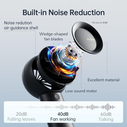 JISULIFE Portable Handheld Turbo Fan - 6000mAh USB Rechargeable with 18H Cooling Time | 5 Speed Compact Black Fan for Travel & Outdoor Use