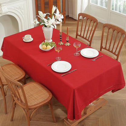 Red Hemstitch Tablecloth – Faux Linen 86" × 60" Rectangle, Handmade Fringe