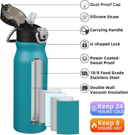 BJPKPK Stainless Steel Insulated Water Bottle - 25oz Reusable Thermal Flask with Straw Lid | Laguna Color