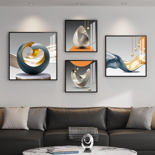 Framed Modern Wall Art Set by [Brand Name] - Abstract Luxury Geometric Prints | Contemporary Orange, Gray & Gold Decor for Living Room, Bedroom & Office