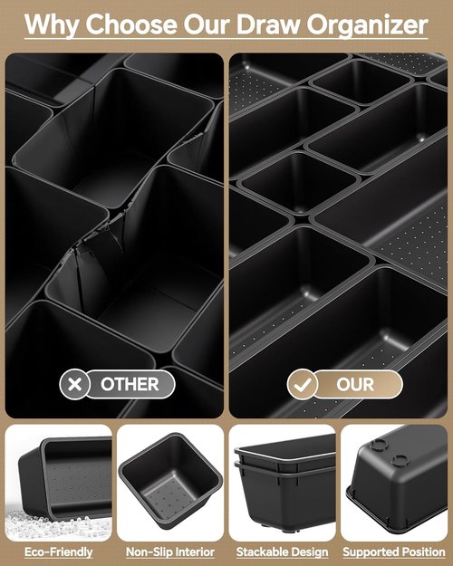 KEMETHY 25 PCS Plastic Drawer Organizers Set - Versatile Makeup & Desk Storage Trays | Black