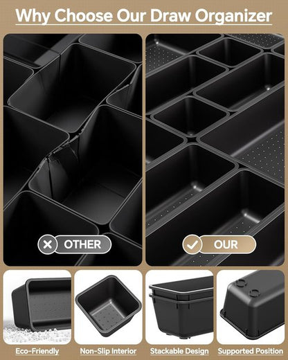 KEMETHY 25 PCS Plastic Drawer Organizers Set - Versatile Makeup & Desk Storage Trays | Black