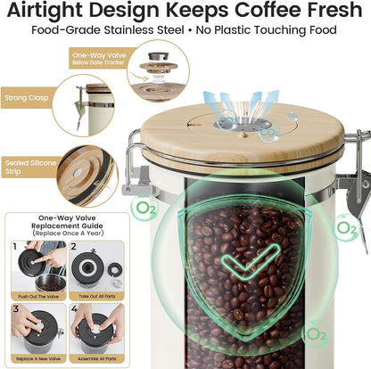 Veken Coffee Canister - Airtight Stainless Steel Storage Container with Window & Date Tracker | 22oz Cream