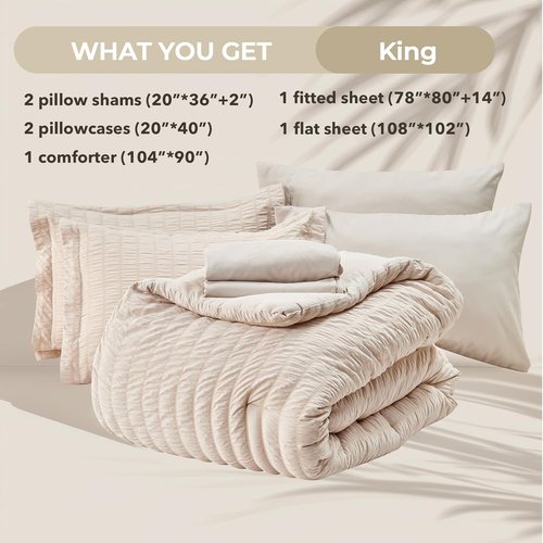 HYMOKEGE King Size Comforter Set - 7-Piece Luxury Bedding Set in Beige | All-Season Seersucker Design