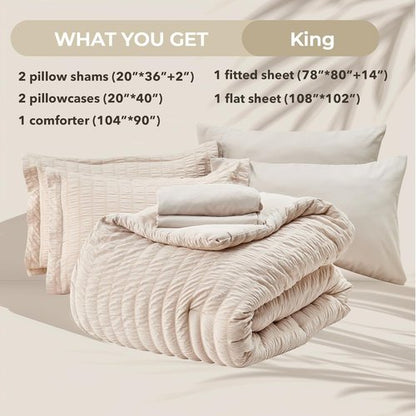 HYMOKEGE King Size Comforter Set - 7-Piece Luxury Bedding Set in Beige | All-Season Seersucker Design