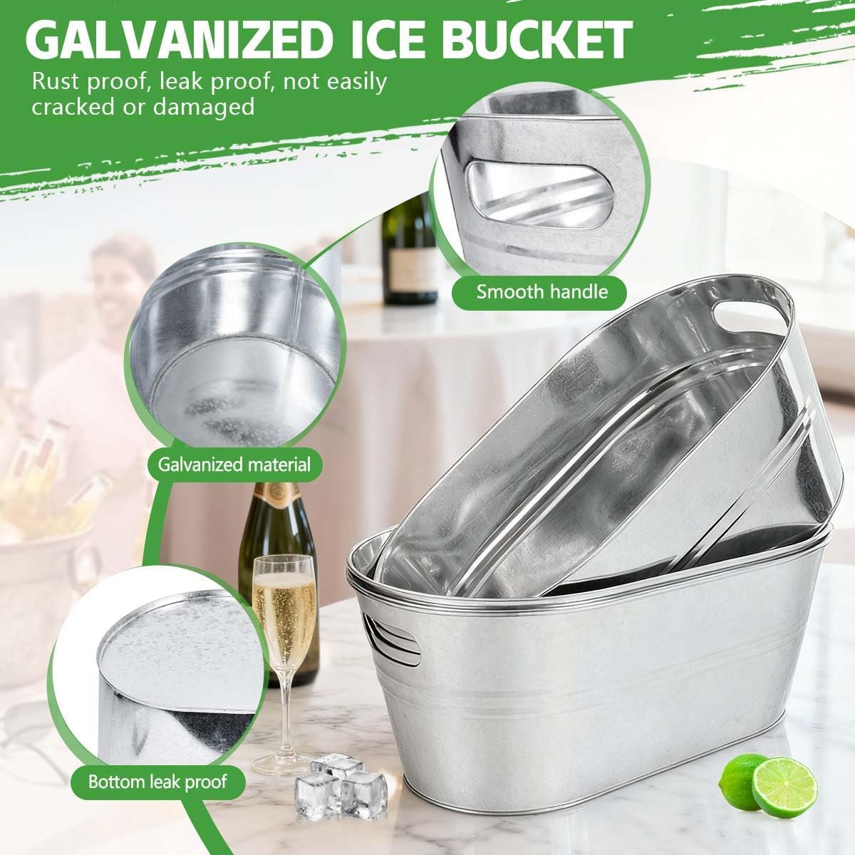 OBTANIM 3 Pack 4 Gallon Galvanized Ice Buckets Metal Champagne Drink Cooler Storage Ice Tub with Carry Handles for Beer Cocktails Wine Beverage Home Parties Bar Cooling Supplies