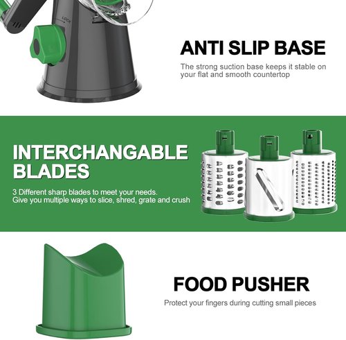 Cambom Rotary Cheese Grater - Hand Crank Shredder for Fresh Cheese & Vegetables | Non-Slip Base, 3 Blades, Grey/Green