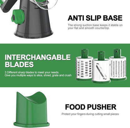 Cambom Rotary Cheese Grater - Hand Crank Shredder for Fresh Cheese & Vegetables | Non-Slip Base, 3 Blades, Grey/Green
