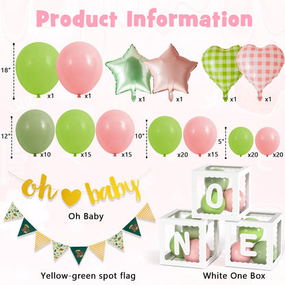 Winrayk Pink Green First 1st Birthday Decorations Girl, ONE Balloon Box Pink Green Balloon Arch Kit Oh Baby Banner Pennant Banner Heart Foil Balloons, One Year Old First Birthday Decorations for Girls