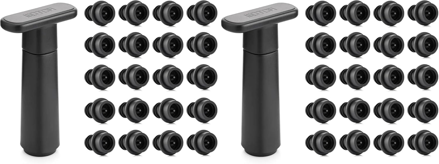 WOTOR Wine Saver Vacuum Pump with 20 Stoppers, Wine Stopper & Preserver, Reusable Bottle Sealer Keeps Fresh, Ideal Accessories Gift (Flat Handle) (Pack of 2)