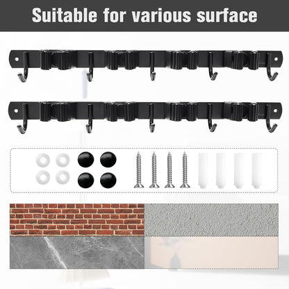 Skiennix Mop and Broom Holder - Wall Mount Organizer with 4 Racks & 5 Hooks | Heavy-Duty Stainless Steel for Home & Garage