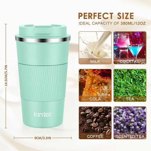 KETIEE 12oz Vacuum Insulated Coffee Mug - Leakproof Stainless Steel Travel Cup for Hot & Cold Beverages