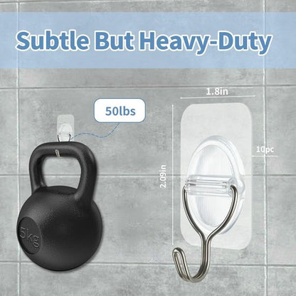 Adhesive Wall Hooks - No Damage, Heavy Duty 5KG Transparent Stainless Steel | 10 Pack (3.5x5.3cm) for Kitchen, Bathroom, Office
