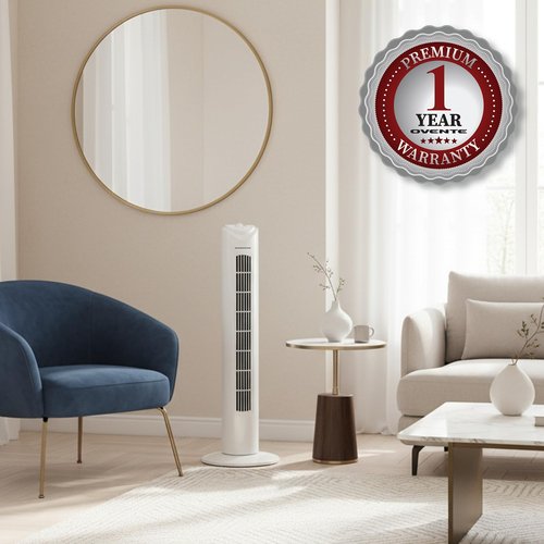 OVENTE 32" Tower Fan for Bedroom, Portable Stand Fan with 90° Oscillation, Adjustable Speed, Compact and Slim Manual Bladeless Indoor Fan Ideal for Cooling Home with Kids or Office, White TFO3SW