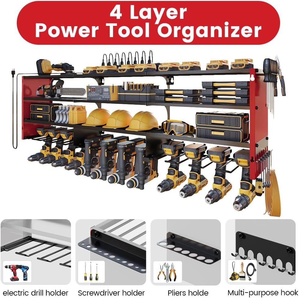 Power Tool Organizer by [Brand Name] - Heavy Duty Wall Mount Shelf with 400lbs Capacity | 12 Slots & 8 Outlets