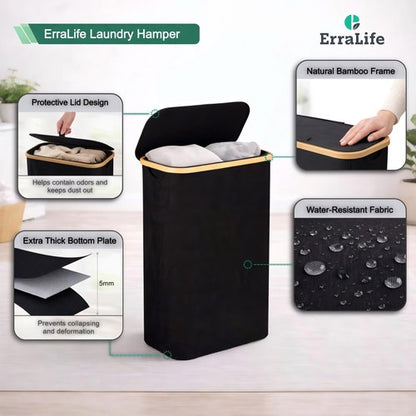 ErraLife Slim Laundry Hamper with Lid, 60L Capacity, Bamboo Handles, and Steel Ring Removable Inner Bag - Collapsible Clothes Basket Laundry Organizer for Bedroom, Bathroom, Dorm, Black