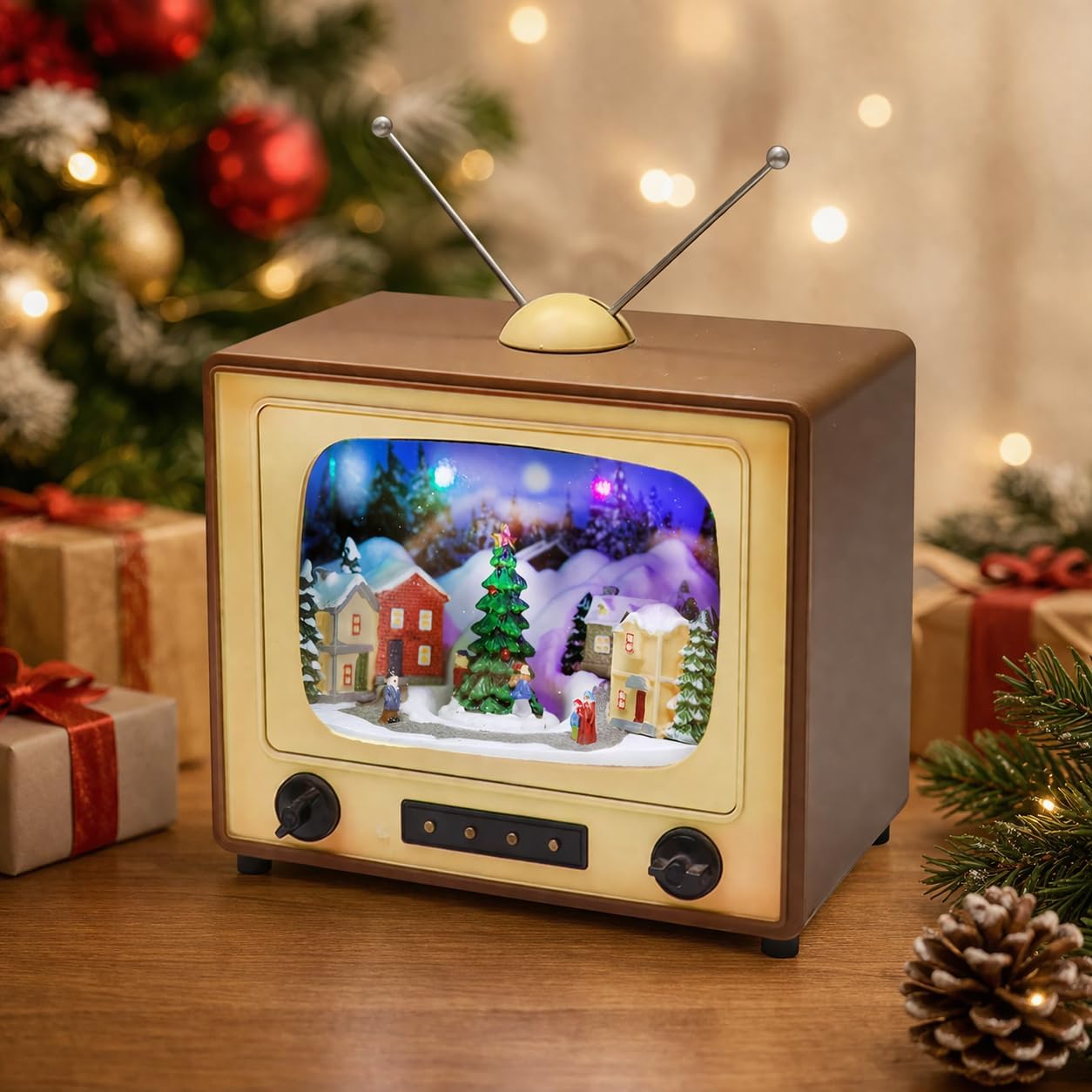 Moments In Time Animated Retro TV Christmas Village Scene - 6” Hand-Painted Lighted Décor with LED Lights & Moving Tree