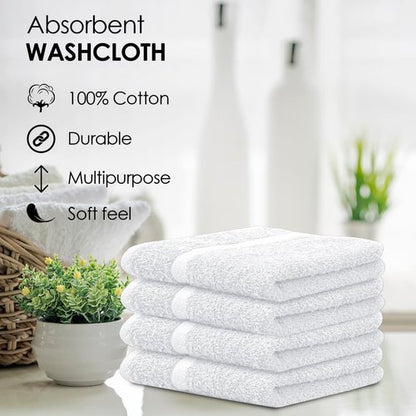 Avalon Towels Cotton Washcloths 24-Pack – 12 x 12 Inch White Super Soft & Absorbent Ring-Spun Cotton Wash Cloths for Face, Bath, Spa, Gym, Hotel & Cleaning