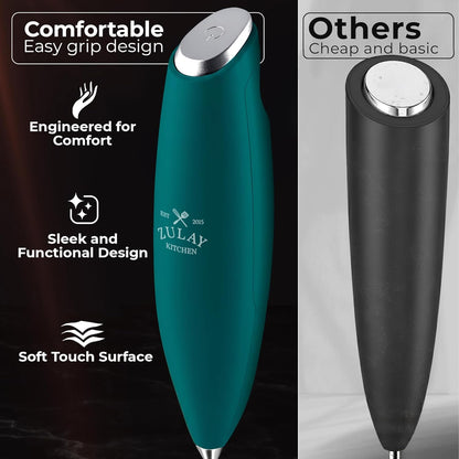 Zulay Kitchen Tornado Triple Whisk Milk Frother - Handheld Foam Maker for Coffee & Lattes | Vivid Emerald, Includes 4 Duracell Batteries