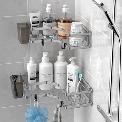 AKTECKE Corner Shower Caddy - 2 Pack Adhesive Bathroom Organizer with No-Drill Stainless Steel Rack & Hooks