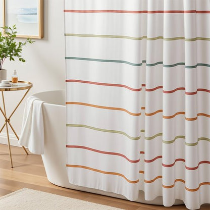 Treory Kids Boho Shower Curtain Set with Hooks, Minimalist Hand-Drawn Soft Pastel Stripes in Warm Earth Tones, Waterproof Fabric Shower Curtain for Modern Farmhouse Bathroom, 72" x 72"
