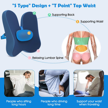 jiaao Lumbar Support Pillow Office Chair and Car Seat Back Support, Ergonomic Back Cushion Promotes Back Pain Relief - Memory Foam with Adjustable Strap and Small Support Cushion - Blue