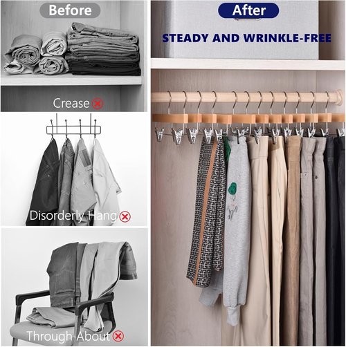 Amber Home 24-Pack Wooden Pants Hangers with Adjustable Clips - Ideal for Jeans, Slacks, and Shorts