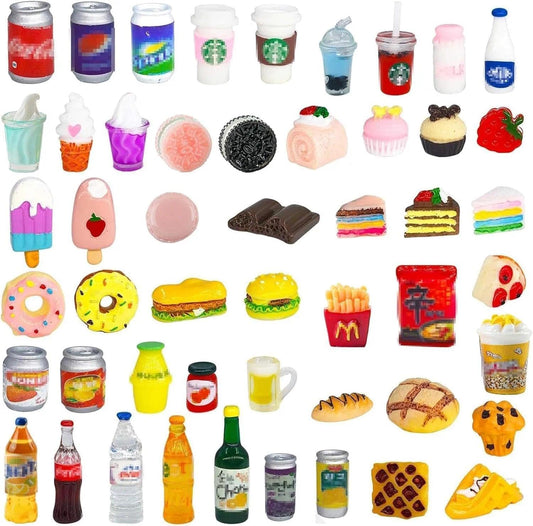 Skiennix Miniature Food & Drink Bottles Set - 50 Pcs for Dollhouse Play | Includes Soda Cans & Desserts