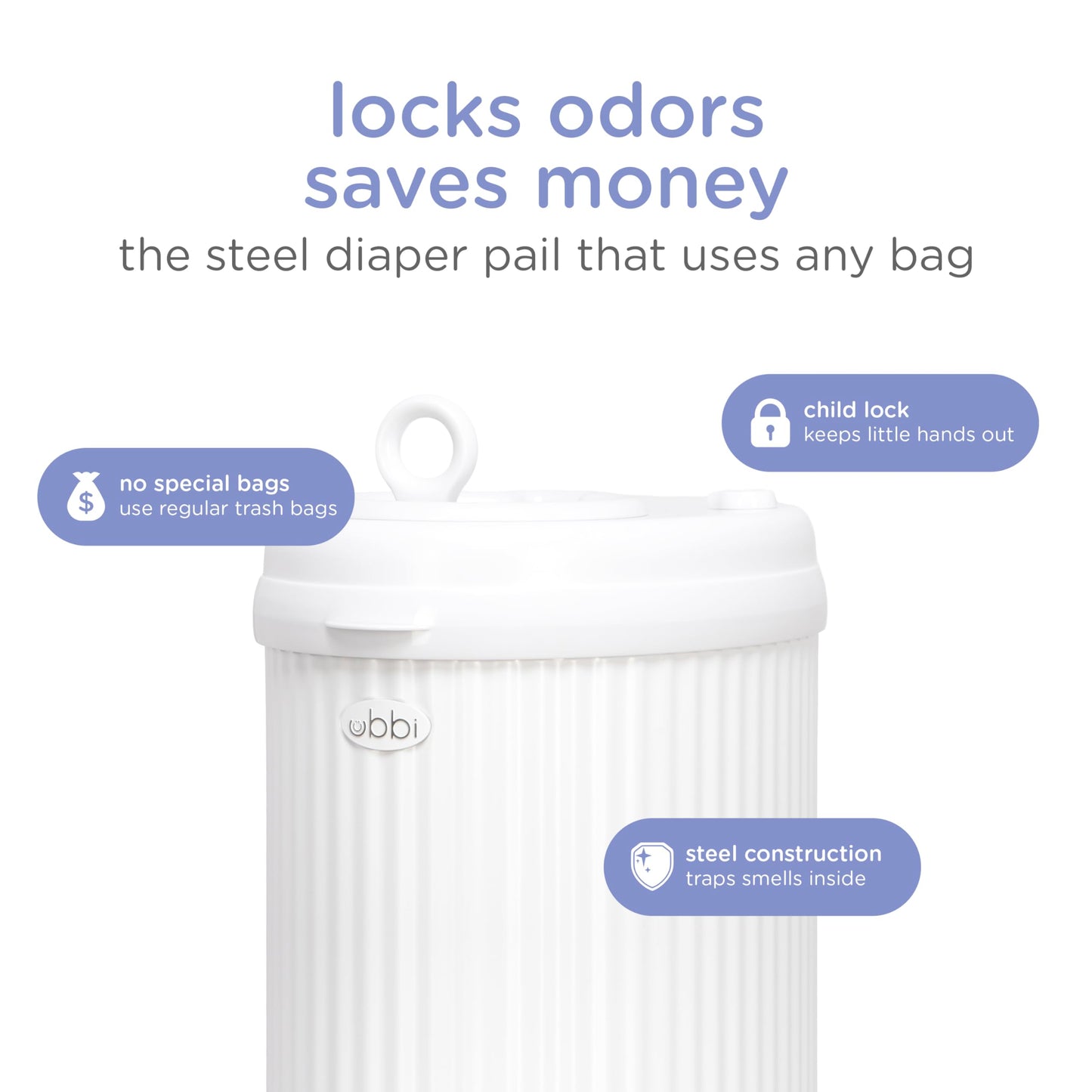Ubbi Fluted Stainless Steel Diaper Pail, Odor Locking, No Special Bag Required, Award-Winning, Registry Must-Have, White