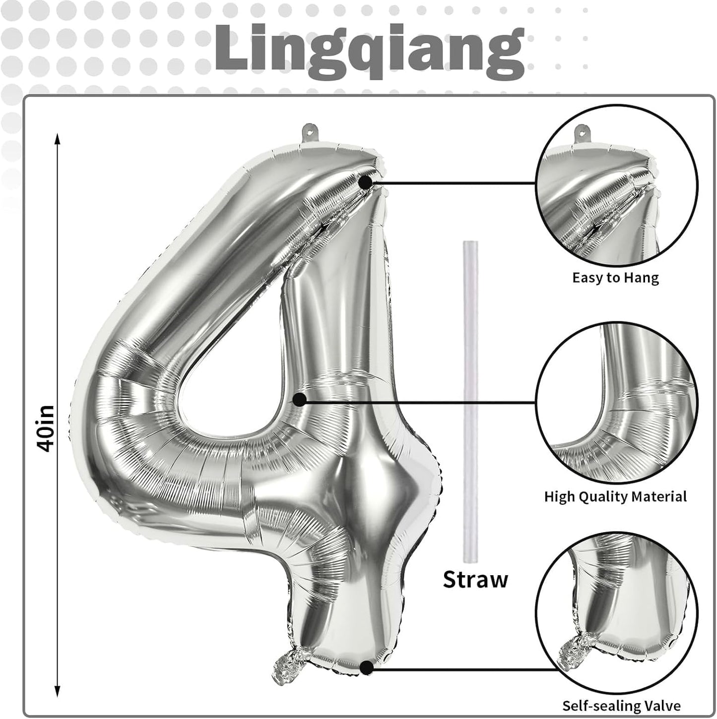 Silver Number 4 Balloons - 40-Inch Large Foil Helium Balloon for Birthday Celebrations | Self-Inflating Design