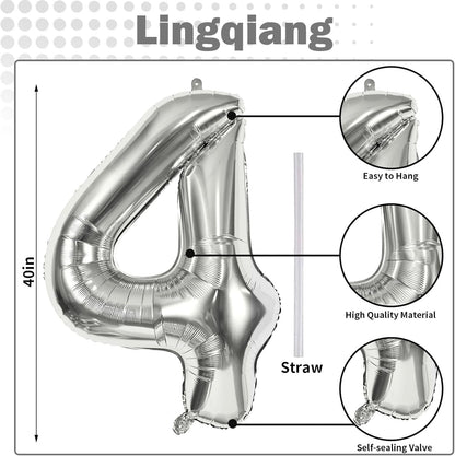 Silver Number 4 Balloons - 40-Inch Large Foil Helium Balloon for Birthday Celebrations | Self-Inflating Design