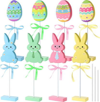 Wooden Bunny & Egg Peeps Signs by Easter Decor | 8 PCS with Hemp Rope Ribbon for Home Decor
