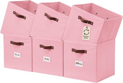 DECOMOMO Storage Bins - Fabric Cube Storage Bins with Labels | 10.5" x 11" | Set of 6, Pink